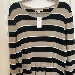 NWT Banana Republic Women's Black and Tan Striped Crewneck Peplum Sweater
